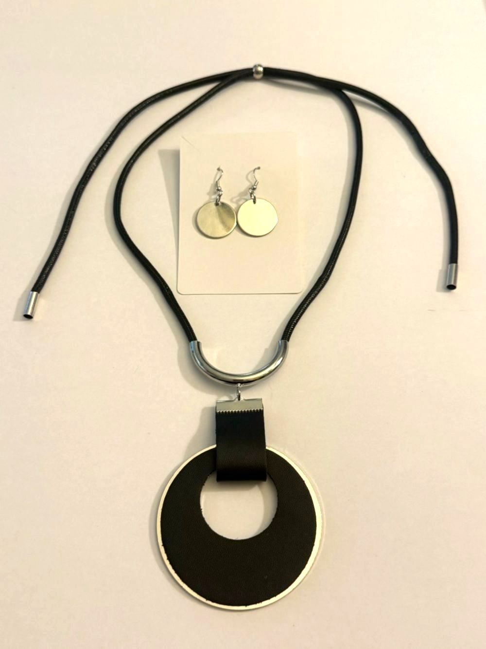 Women's Black and Silver Tone Statement Pendant Necklace with Matching Earrings